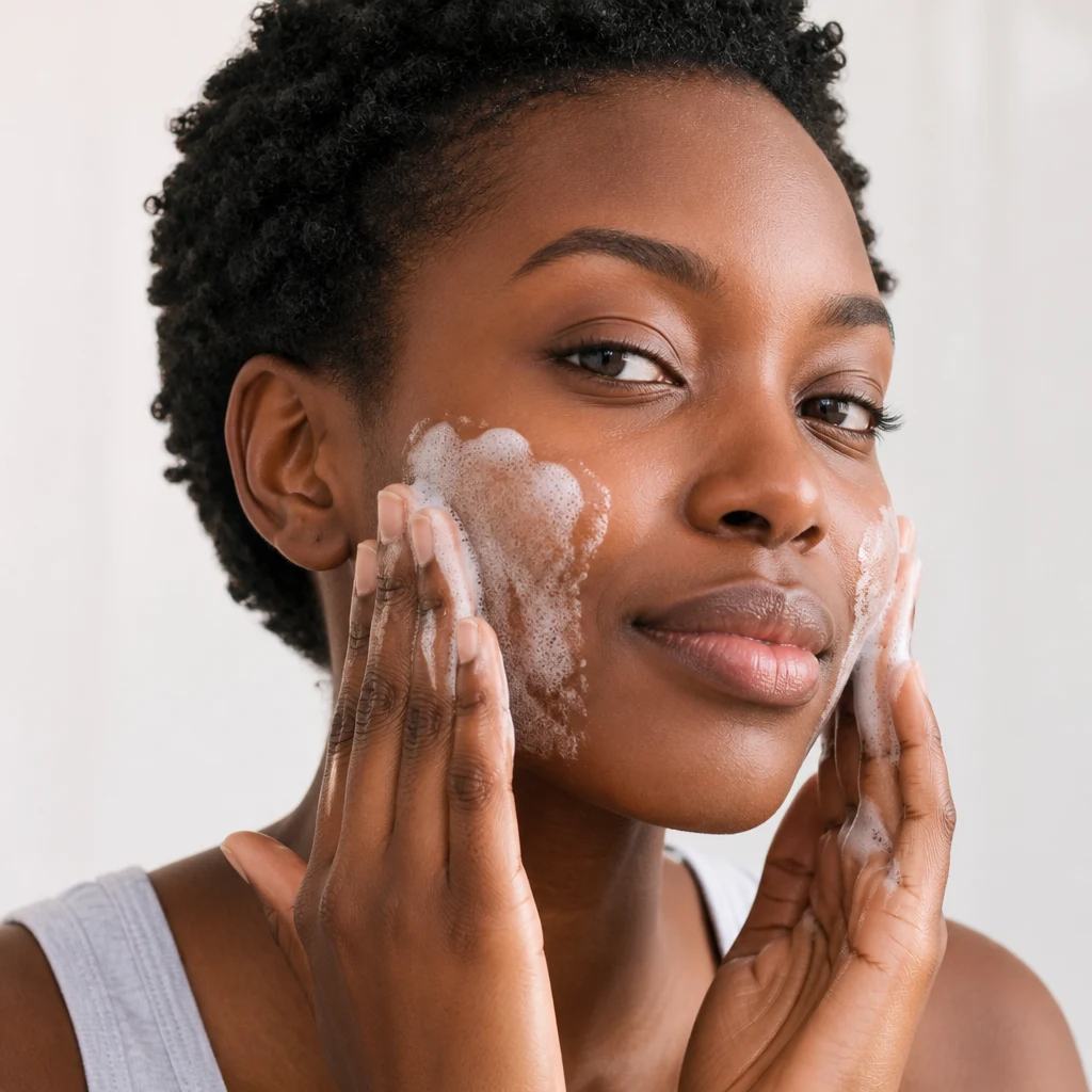 A woman lathering soft white cleansing foam across her cheeks