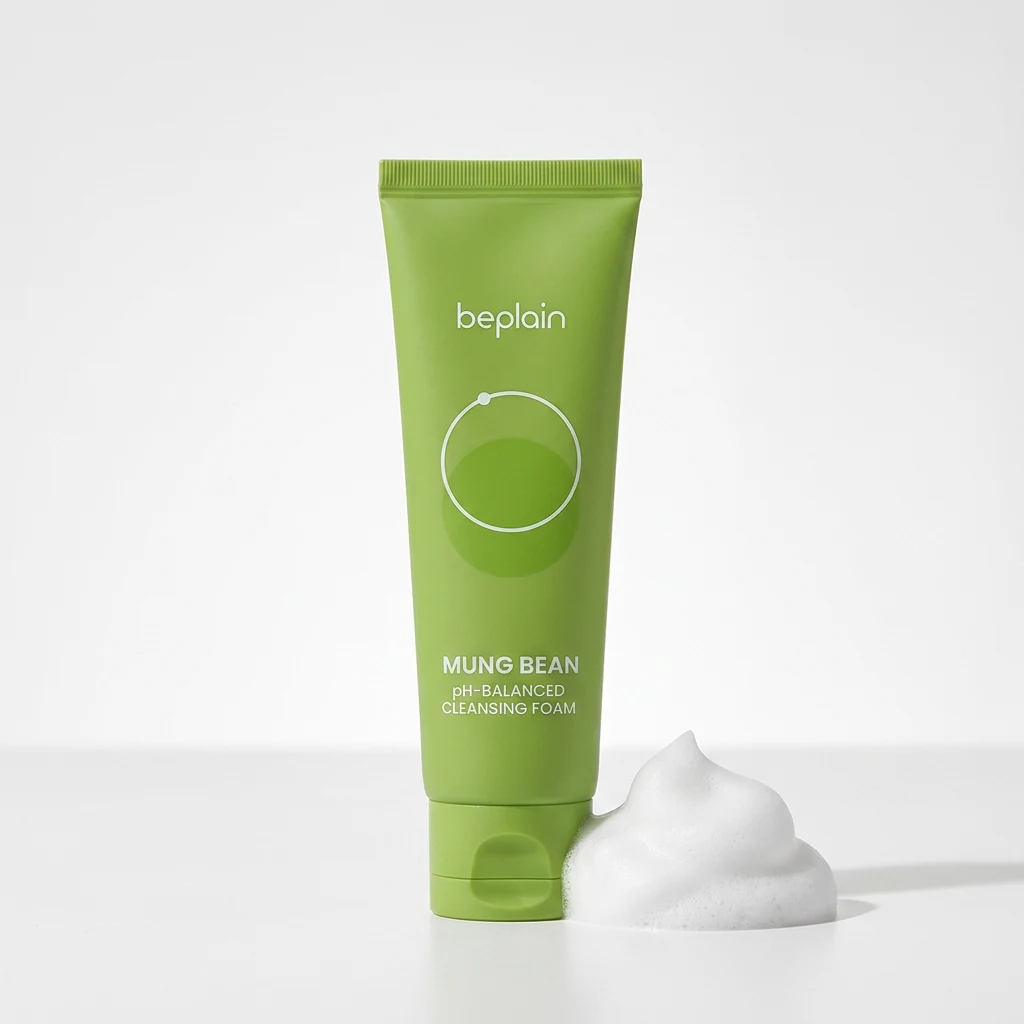 beplain Mung Bean pH-Balanced Cleansing Foam 80ml on a clean white studio backdrop