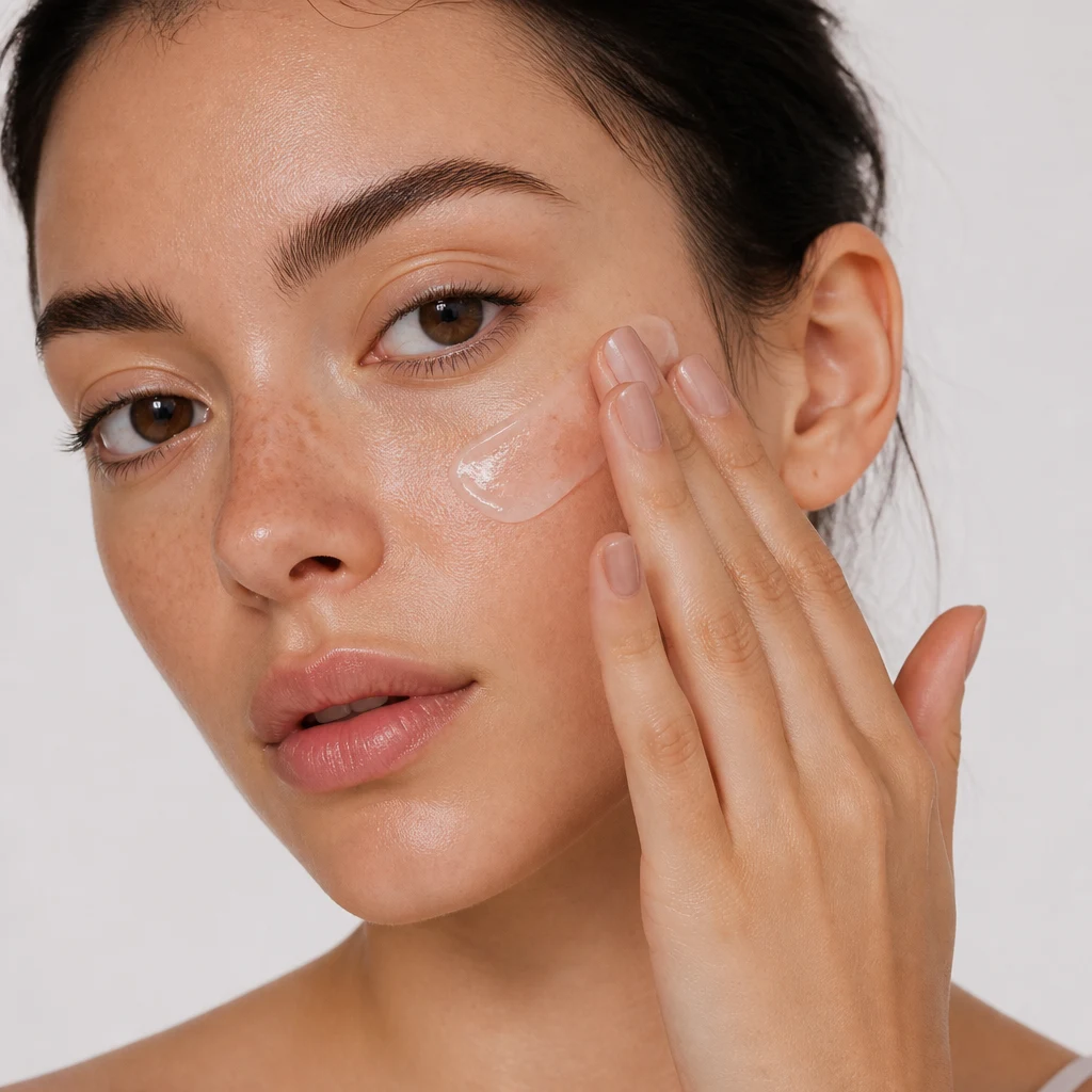 A woman pressing a light gel-cream into her cheek and nose area