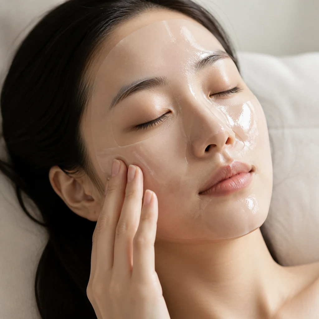 A woman pressing a clear hydrogel sheet mask onto her cheek with her fingertips
