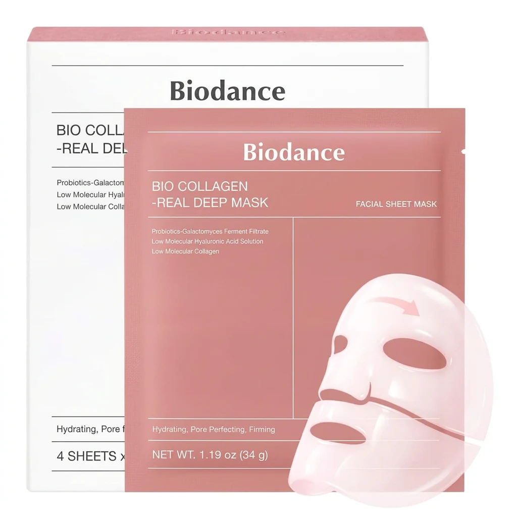 BIODANCE Bio Collagen Real Deep Mask box and sheet mask on a clean white studio backdrop