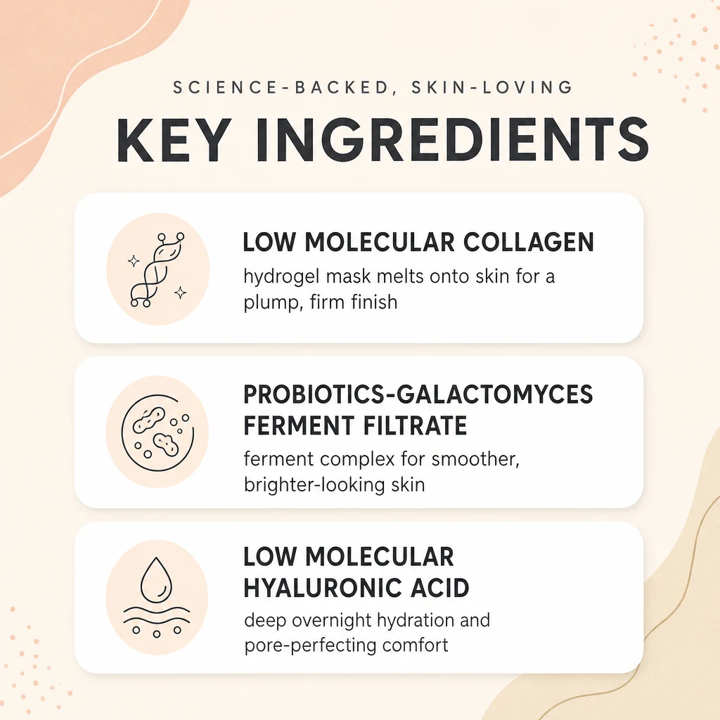 Key ingredients panel for BIODANCE Bio Collagen Real Deep Mask: low molecular collagen, probiotics-galactomyces ferment filtrate and low molecular hyaluronic acid