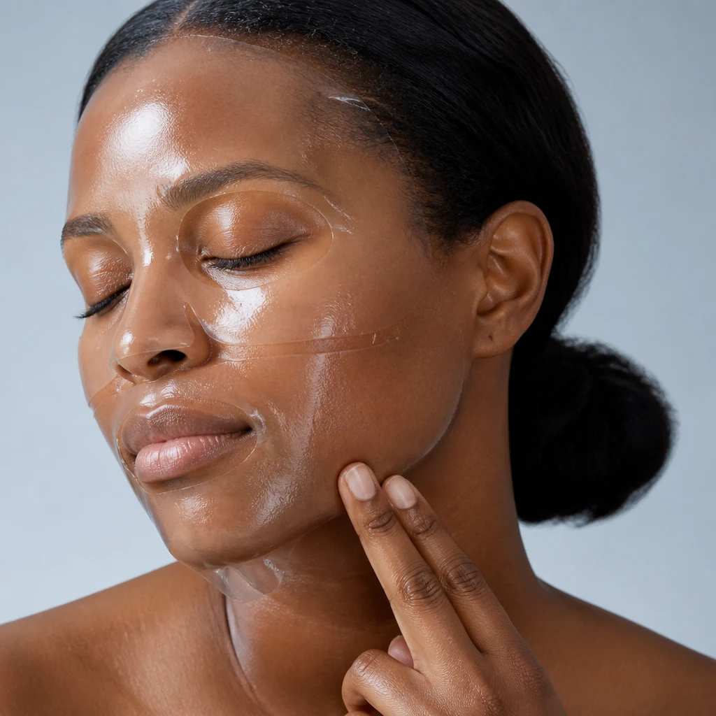 A woman smoothing the edge of a translucent hydrogel sheet mask along her jawline