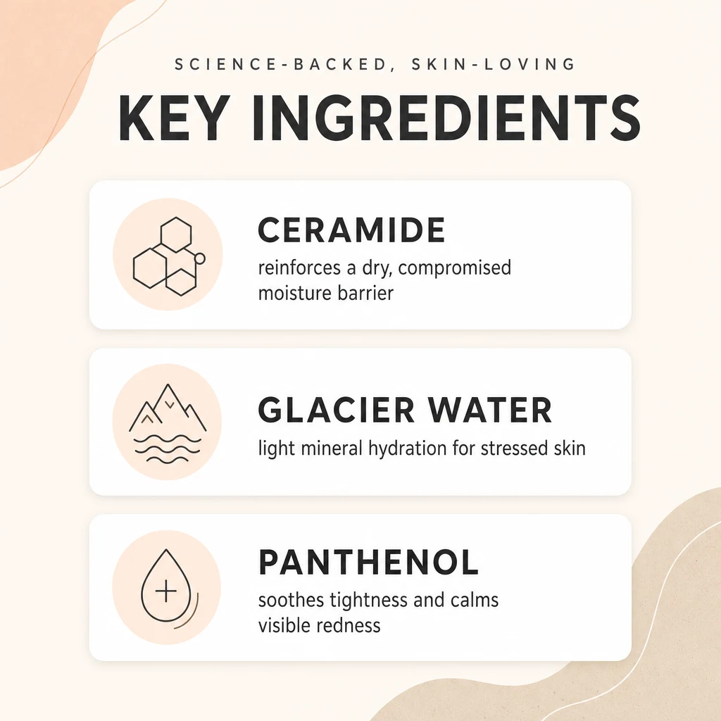 Key ingredients panel for BIODANCE Hydro Cera-Nol Real Deep Mask: ceramide, glacier water and panthenol