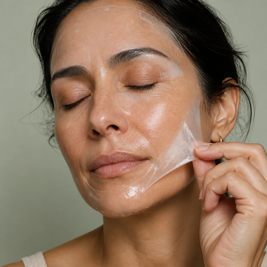A woman peeling back a clear hydrogel sheet mask from her cheek