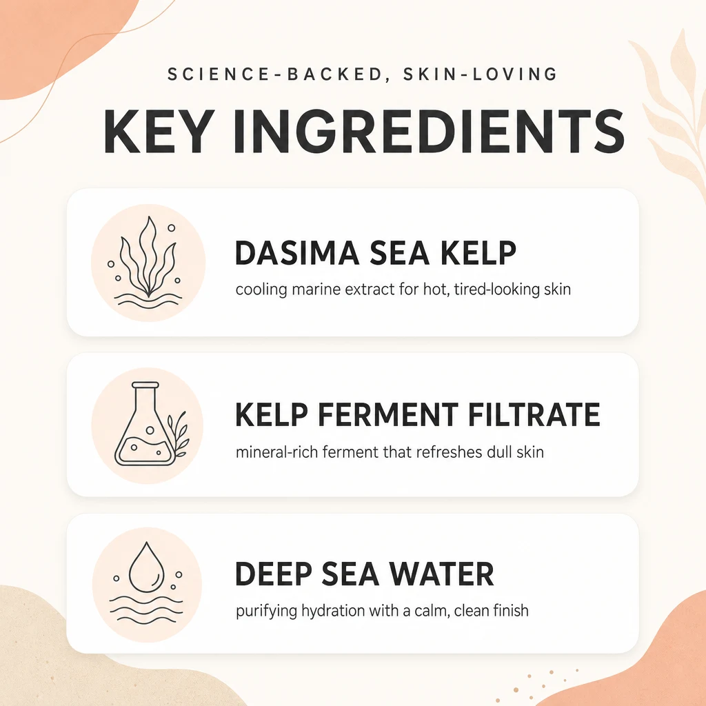 Key ingredients panel for BIODANCE Refreshing Sea Kelp Real Deep Mask: dasima sea kelp, kelp ferment filtrate and deep sea water