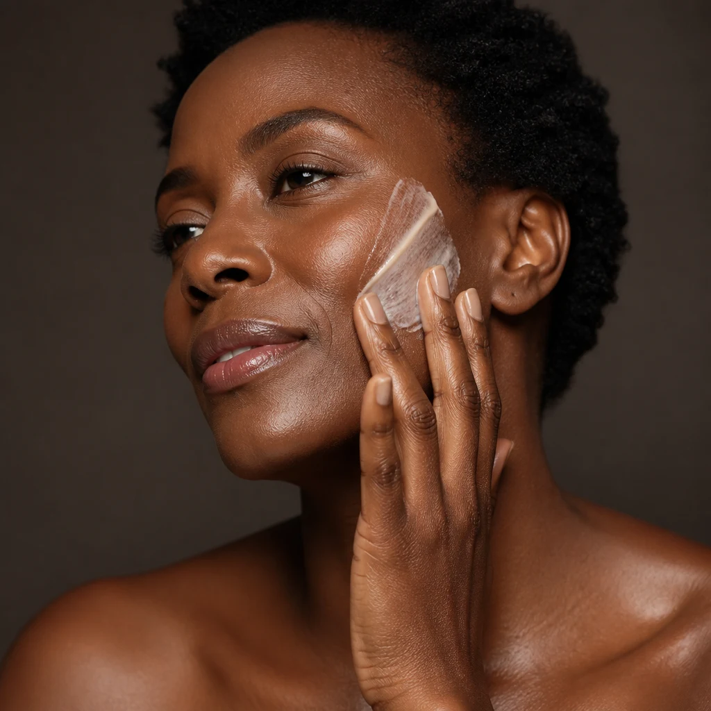 A Black woman in her forties smoothing a rich pearlescent cream along her cheekbone