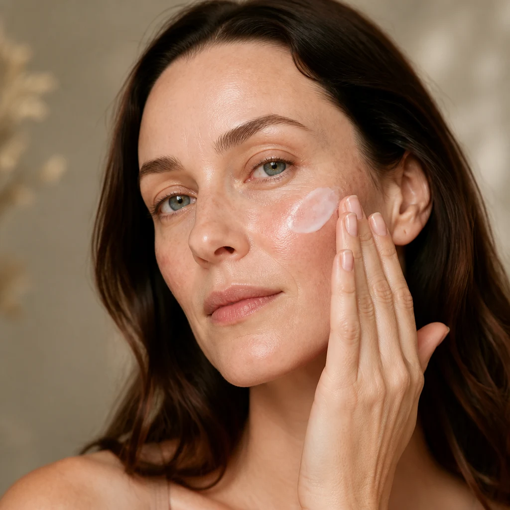 A woman with fair, flushed skin patting a white gel-cream into her cheek