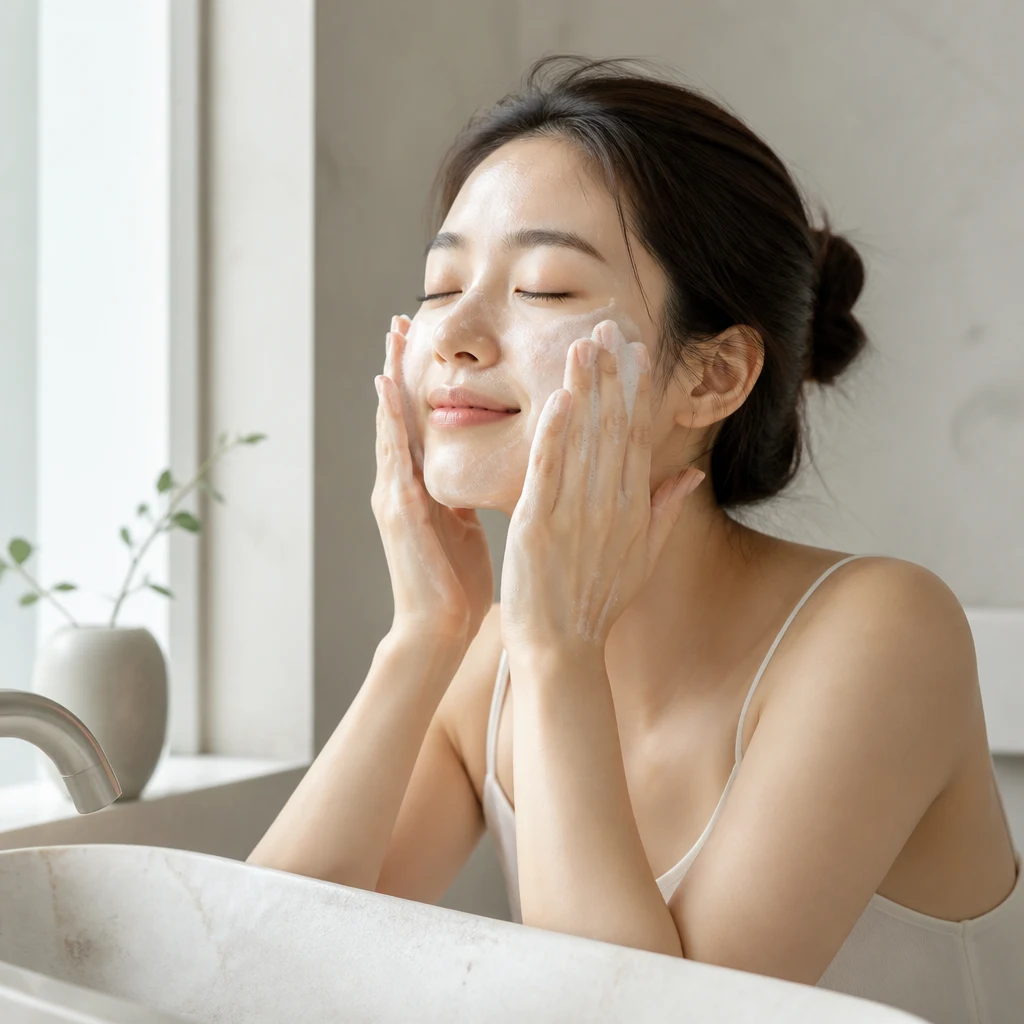 A young Korean woman massaging white cleansing foam over her cheeks at a bright basin