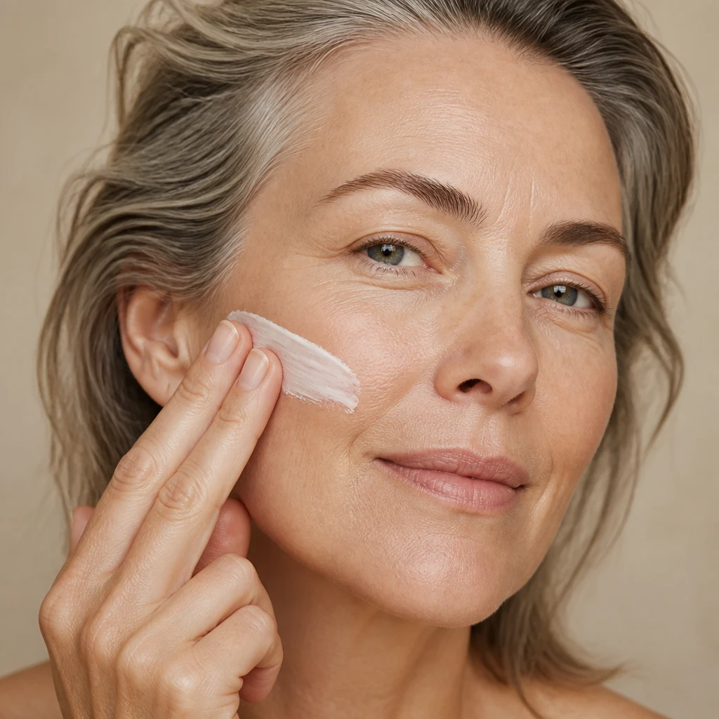 A mature woman smoothing a rich white barrier cream along her cheek