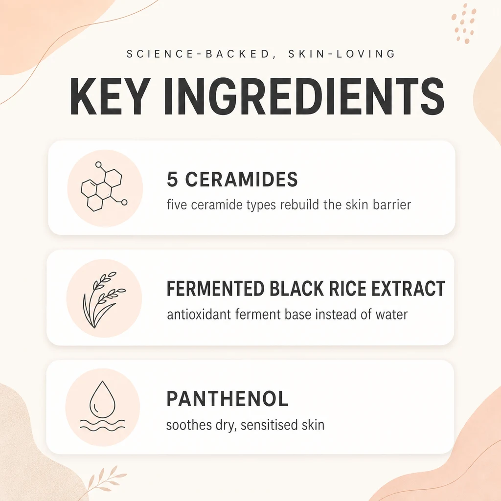 Key ingredients panel for HARUHARU WONDER Black Rice 5 Ceramide Barrier Cream: five ceramides, fermented black rice extract and panthenol