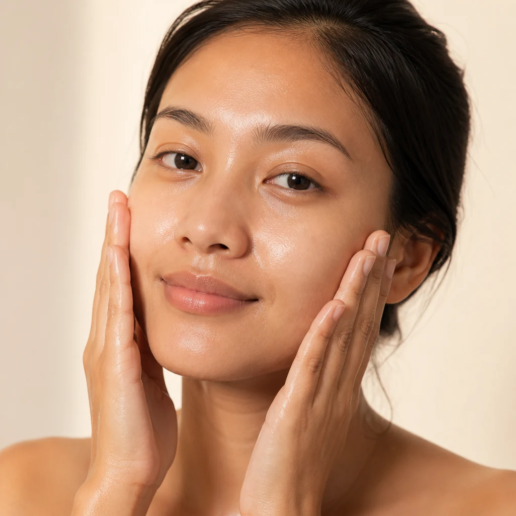 A woman pressing watery toner into her cheeks with both palms