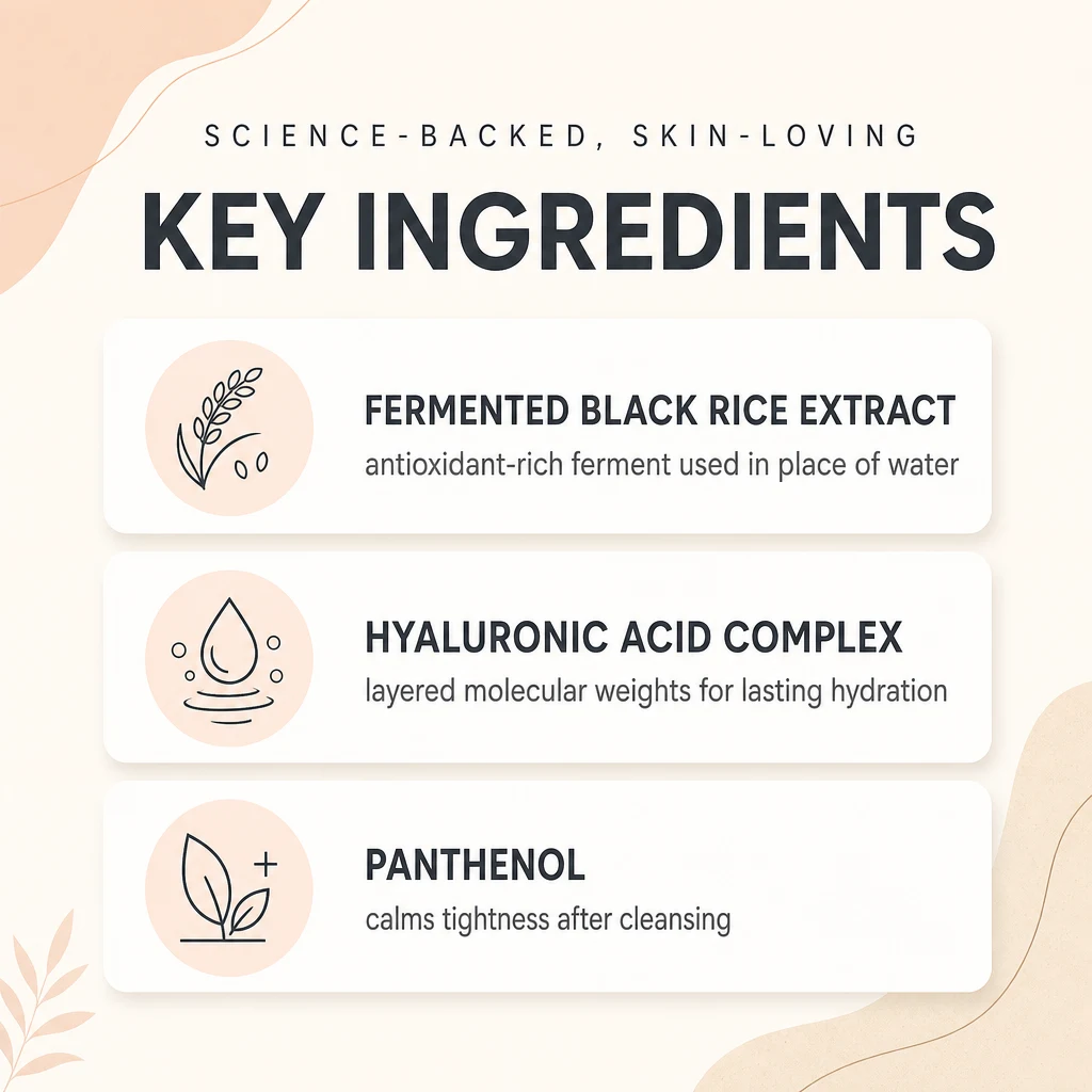 Key ingredients panel for HARUHARU WONDER Black Rice Hyaluronic Toner: fermented black rice extract, hyaluronic acid complex and panthenol