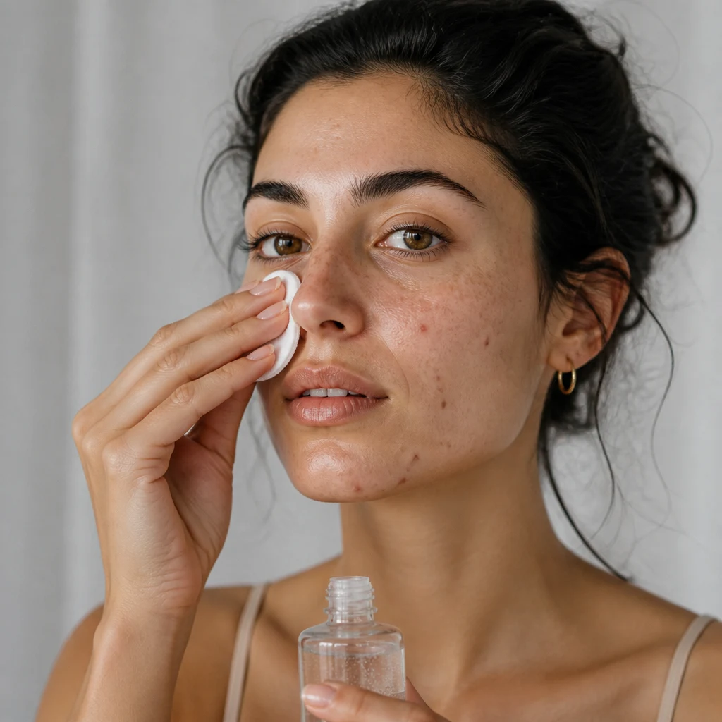 A woman sweeping a clear exfoliating liquid over her nose and chin with a cotton pad