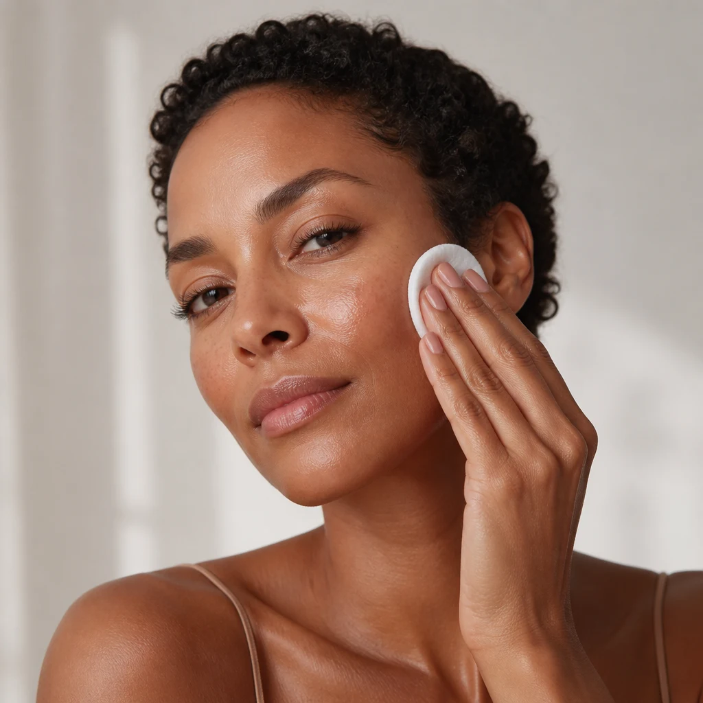A woman sweeping toner across her cheek with a cotton pad