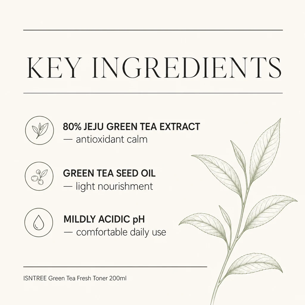 Key ingredients panel for ISNTREE Green Tea Fresh Toner: 80% Jeju green tea extract, green tea seed oil and a mildly acidic pH