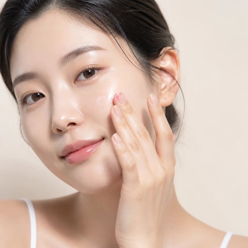 A woman pressing a watery essence into her cheek with her fingertips