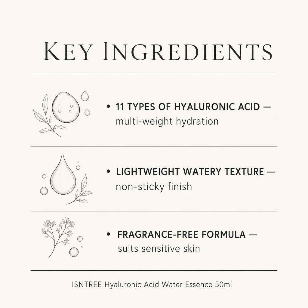 Key ingredients panel for ISNTREE Hyaluronic Acid Water Essence: 11 types of hyaluronic acid, lightweight watery texture, fragrance-free