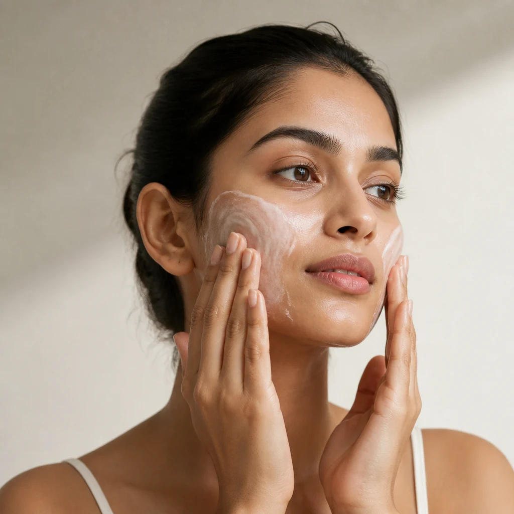 A woman massaging creamy milk cleanser over her cheeks with both hands