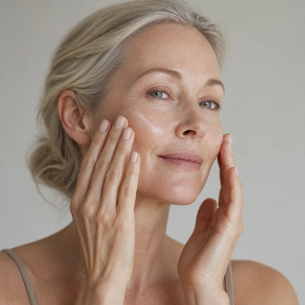 A mature woman patting milky toner into her cheeks with her palms