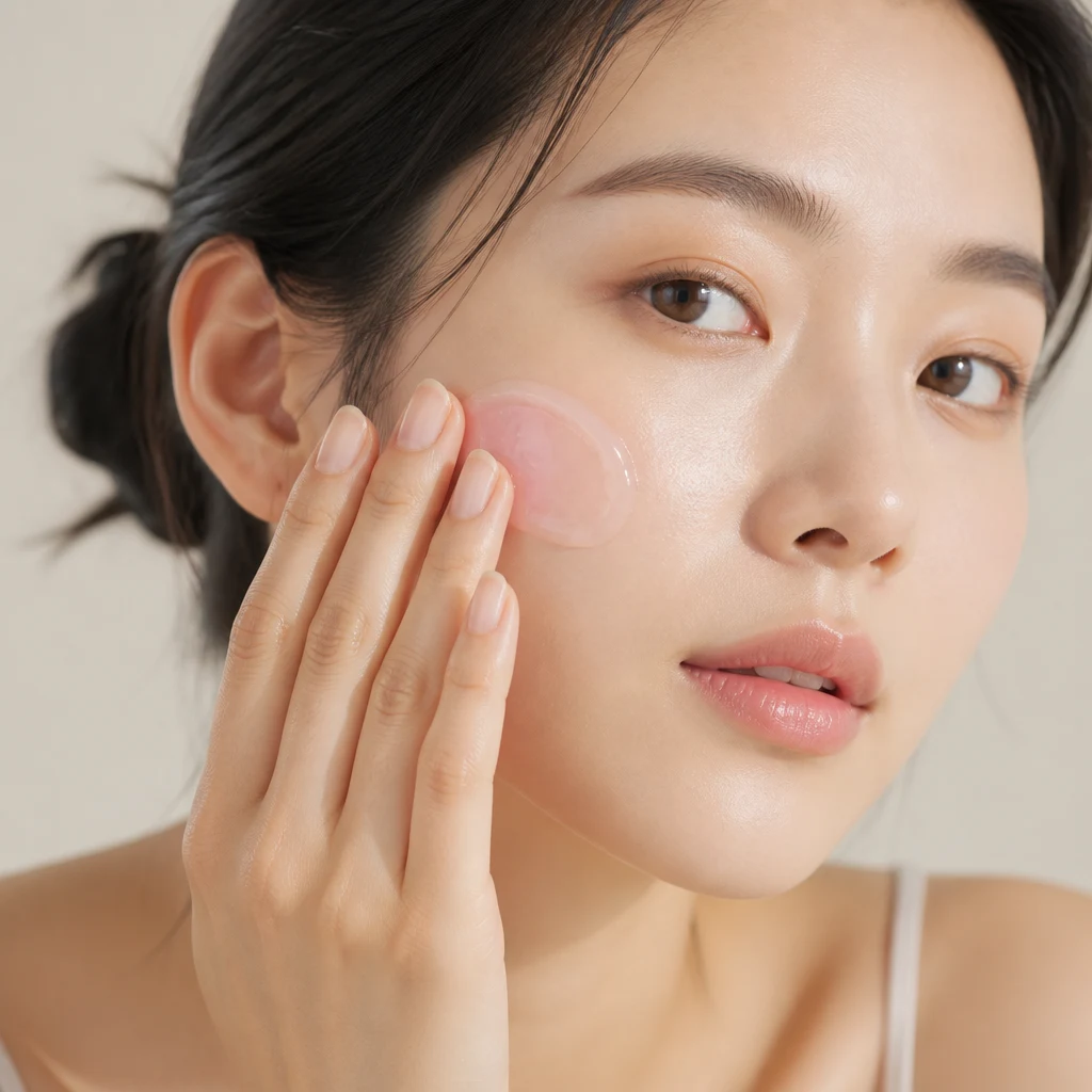 A woman smoothing bouncy pink jelly cream over her cheek with her fingertips