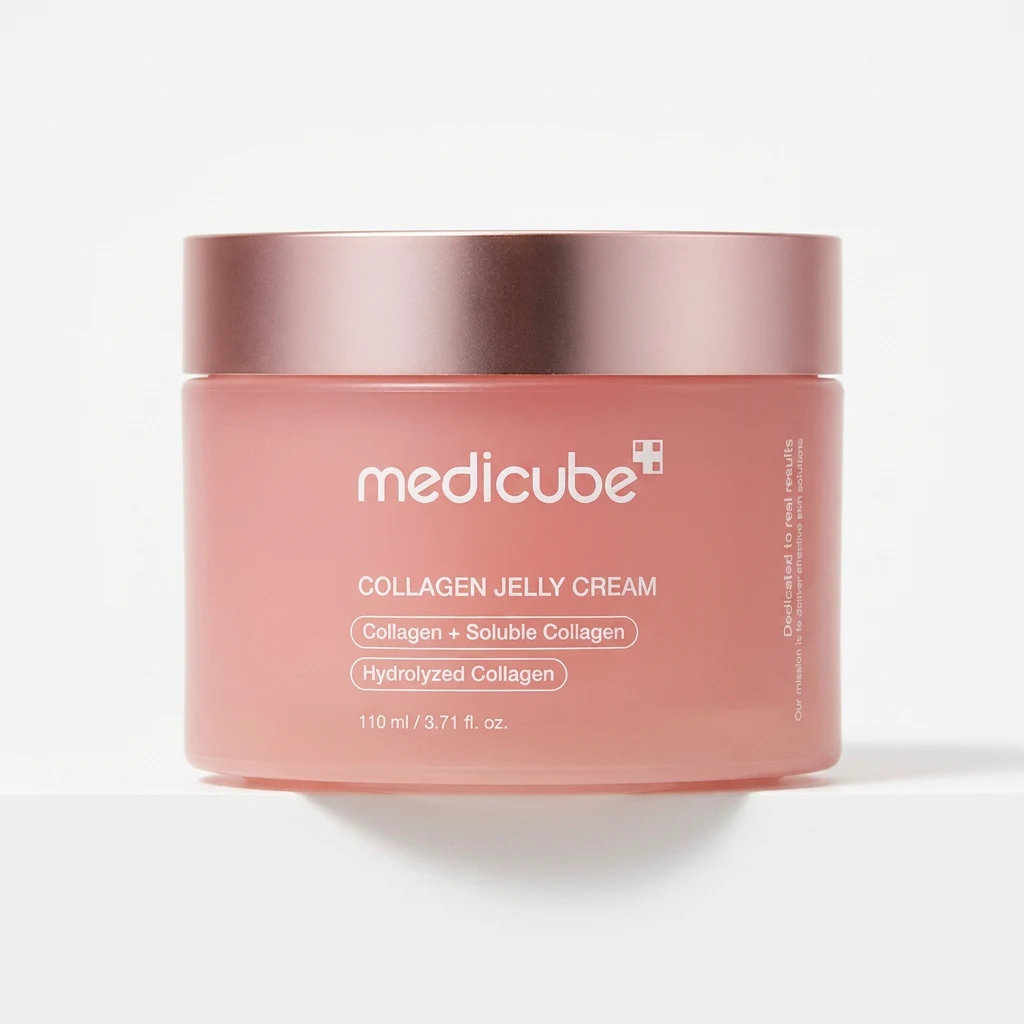 MEDICUBE Collagen Jelly Cream 110ml pink frosted jar on a clean white studio backdrop