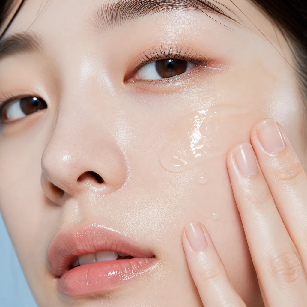 Clear lightweight serum pressed into the cheek and nose area, showing refined pores