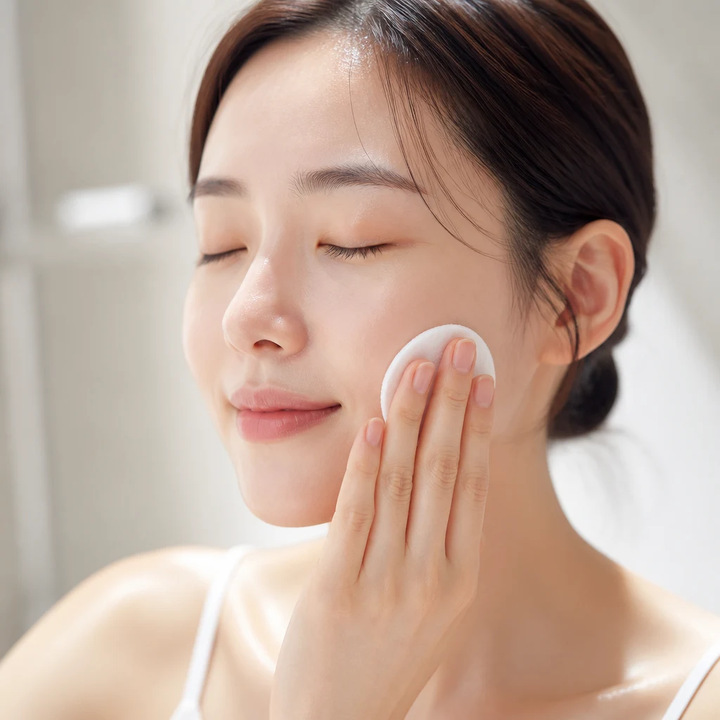 A watery toner being swept across the cheek with a cotton pad