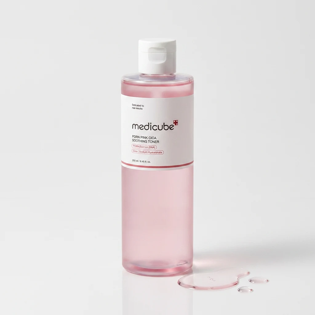 MEDICUBE PDRN Pink Cica Soothing Toner 250ml bottle on a clean studio backdrop