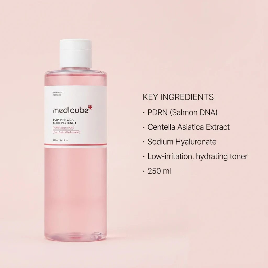 Key ingredients in MEDICUBE PDRN Pink Cica Soothing Toner: PDRN (salmon DNA), centella asiatica extract and sodium hyaluronate