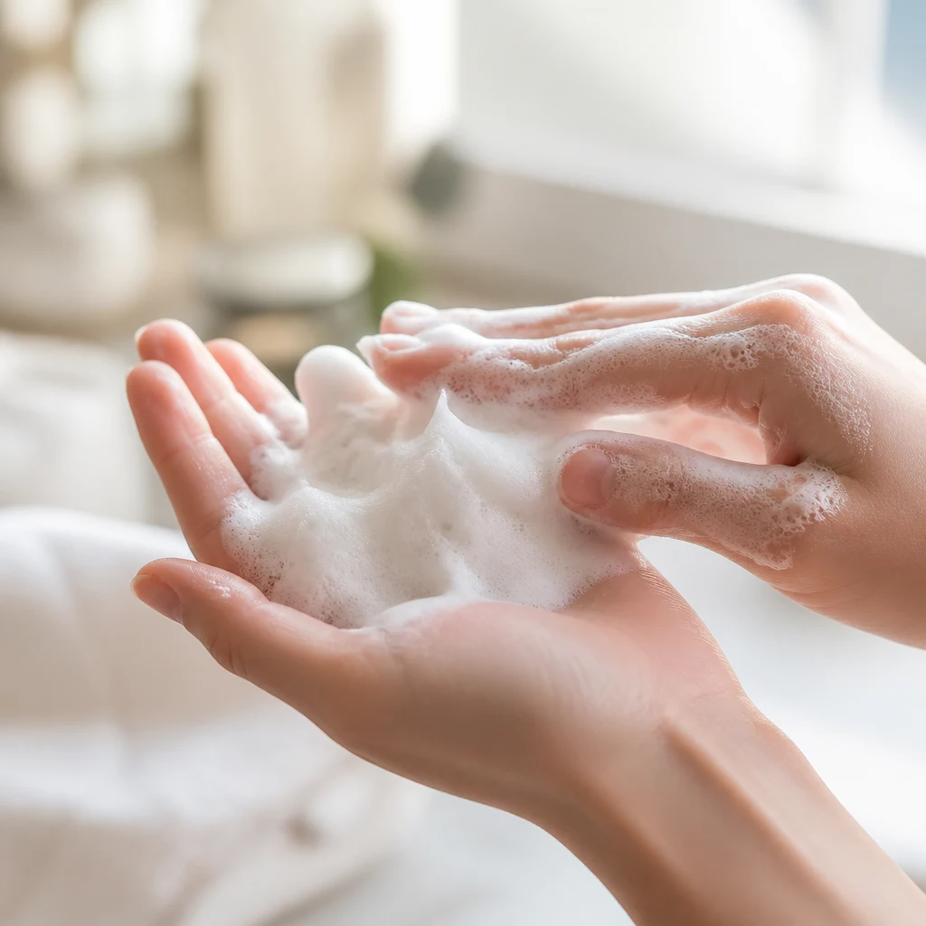 Soft whipped cleansing foam lathered between two hands