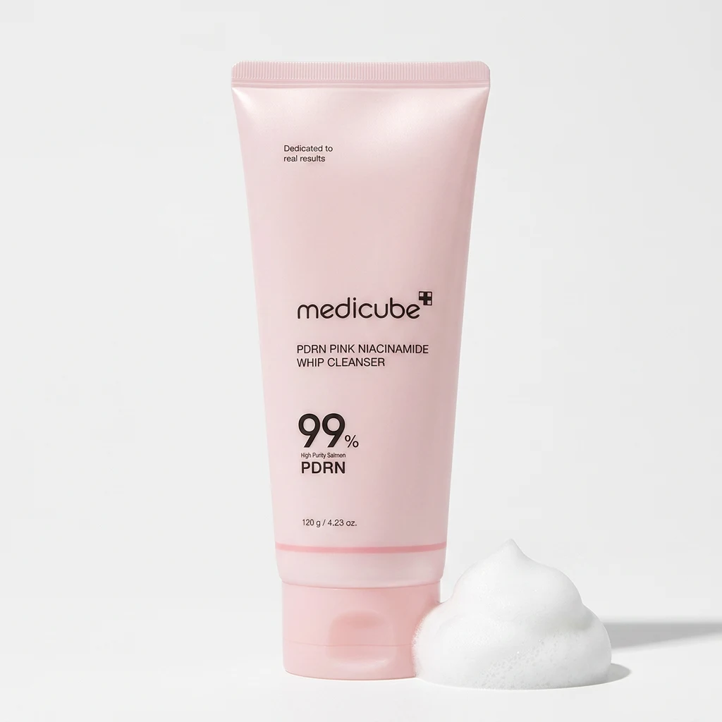 MEDICUBE PDRN Pink Niacinamide Whip Cleanser 120g tube on a clean studio backdrop