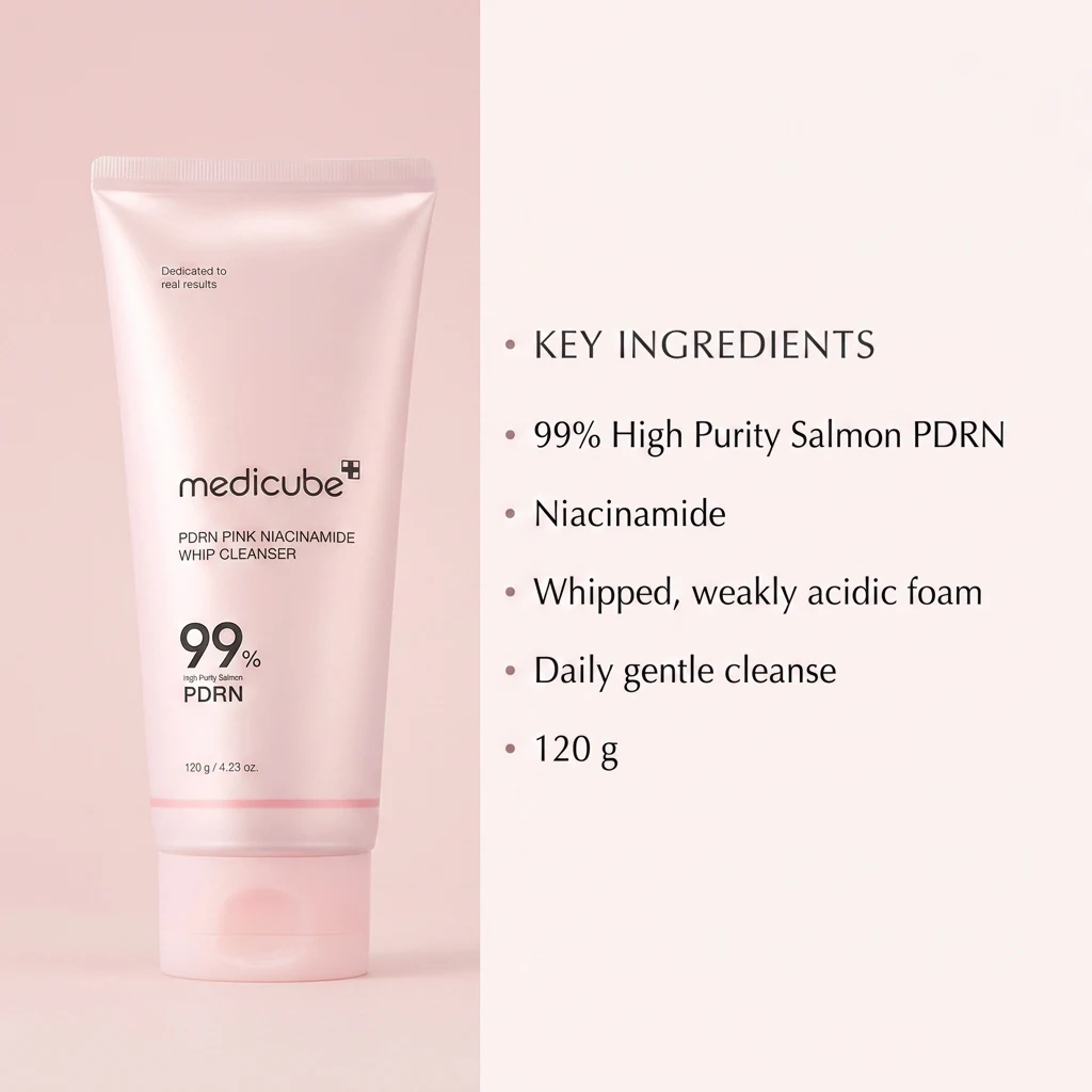 Key ingredients in MEDICUBE PDRN Pink Niacinamide Whip Cleanser: 99% high purity salmon PDRN and niacinamide in a weakly acidic whipped foam