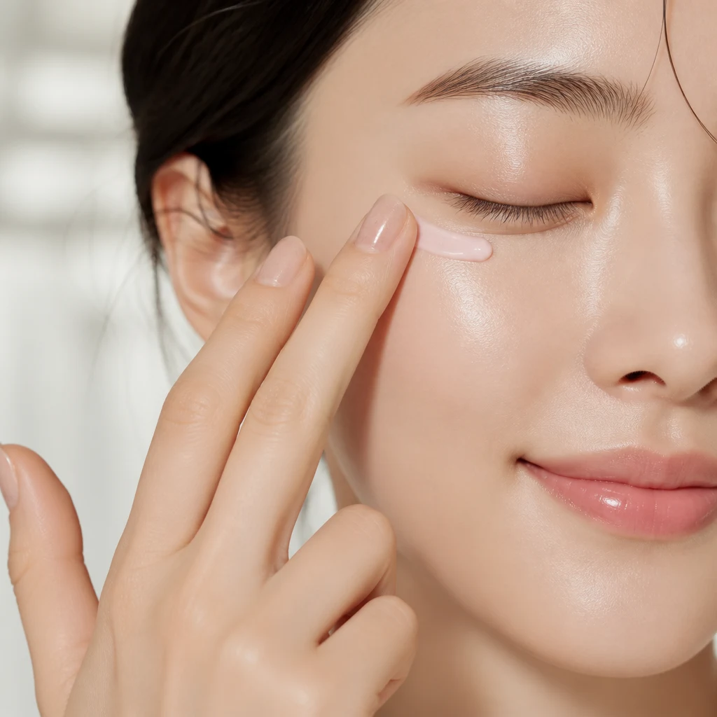 A ring finger patting pale pink eye cream along the under-eye area