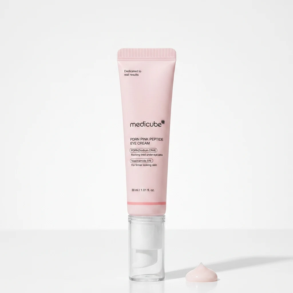 MEDICUBE PDRN Pink Peptide Eye Cream 30ml tube on a clean studio backdrop