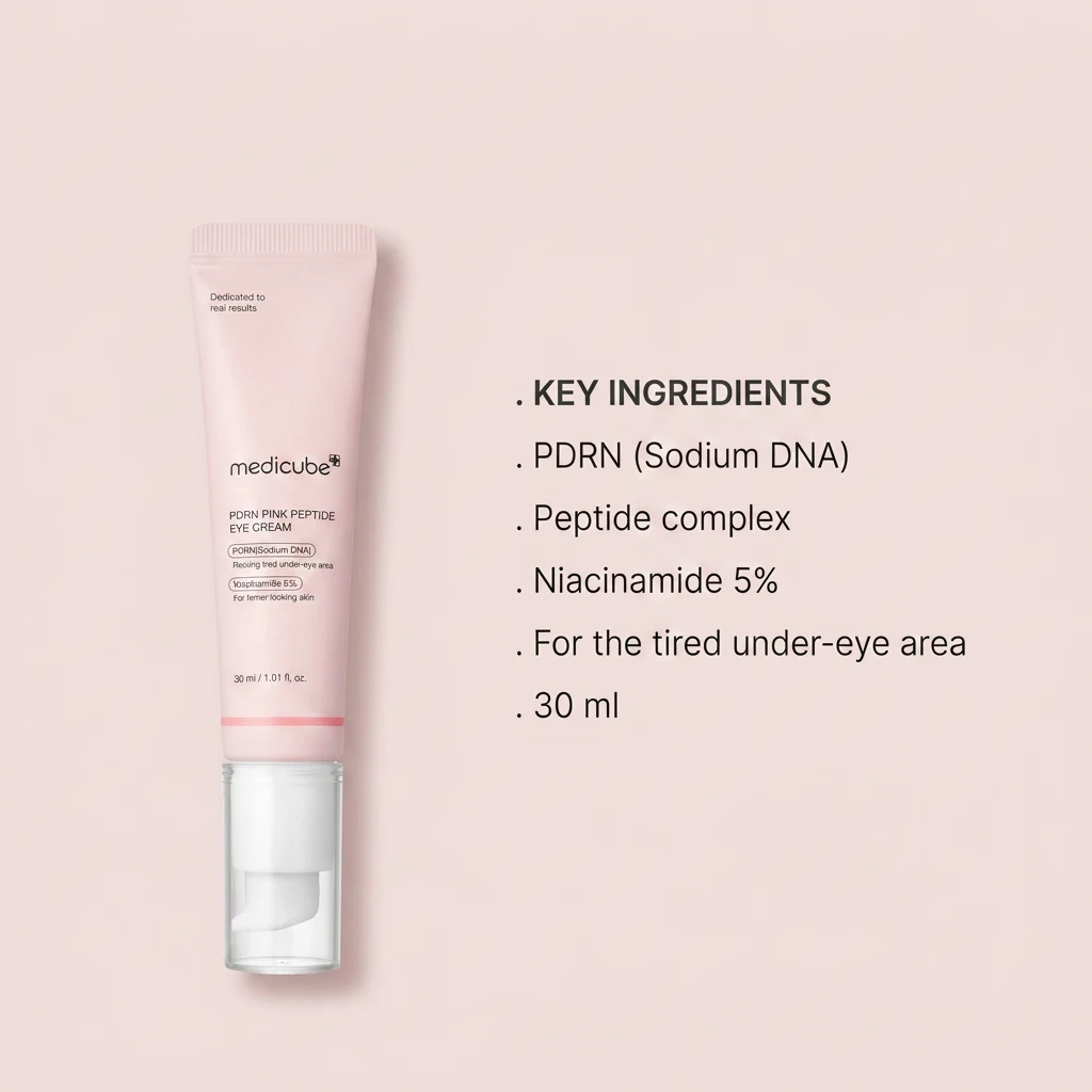Key ingredients in MEDICUBE PDRN Pink Peptide Eye Cream: PDRN (sodium DNA), peptide complex and 5% niacinamide