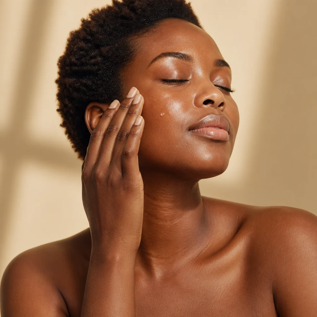 A woman patting a few drops of serum into her cheek in soft studio light