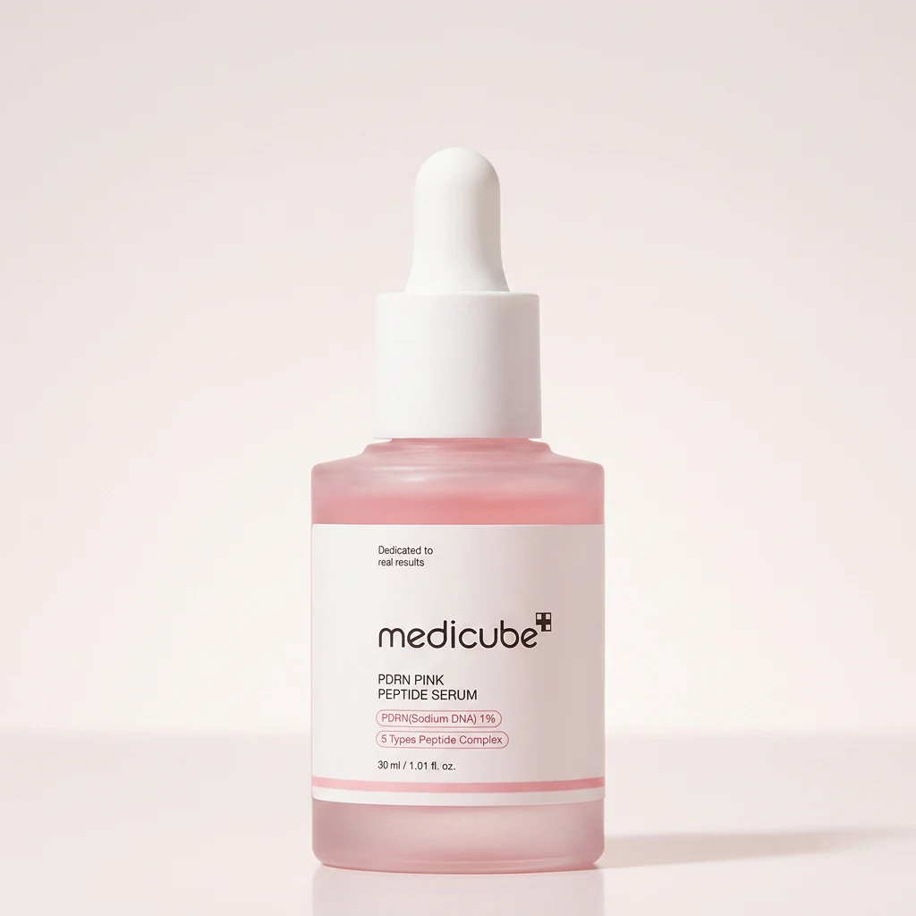 MEDICUBE PDRN Pink Peptide Serum 30ml pink glass dropper bottle on a soft blush studio backdrop