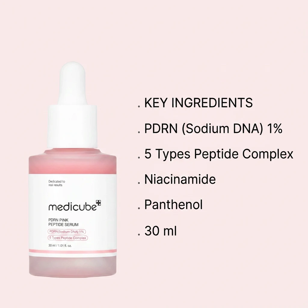 Key ingredients in MEDICUBE PDRN Pink Peptide Serum: PDRN (Sodium DNA) 1%, 5 types peptide complex, niacinamide and panthenol, 30ml