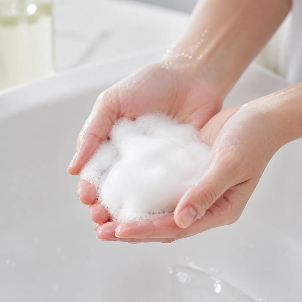 Cupped hands holding soft white cleansing foam above a basin