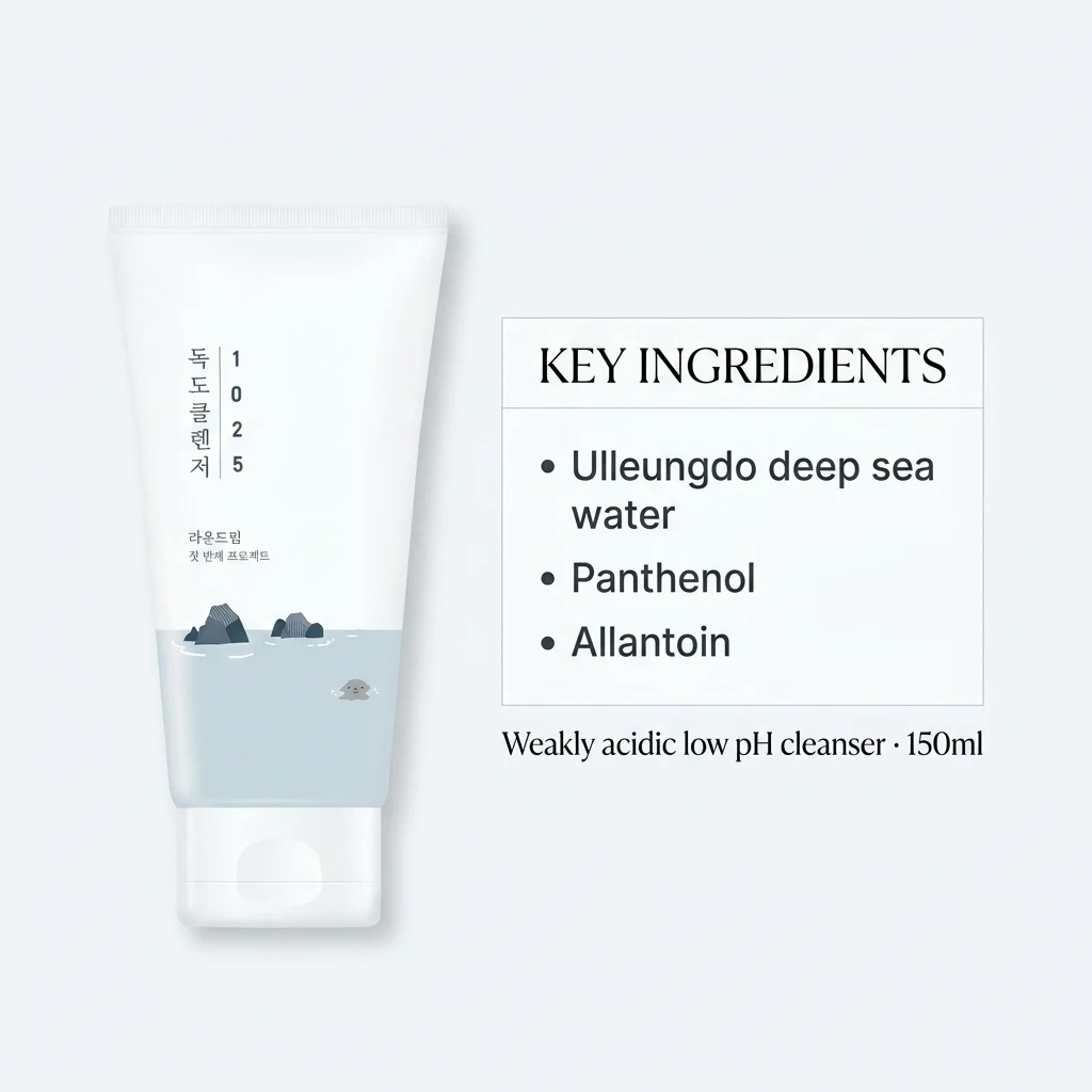 Key ingredients panel for ROUND LAB 1025 Dokdo Cleanser: Ulleungdo deep sea water, panthenol and allantoin in a weakly acidic formula