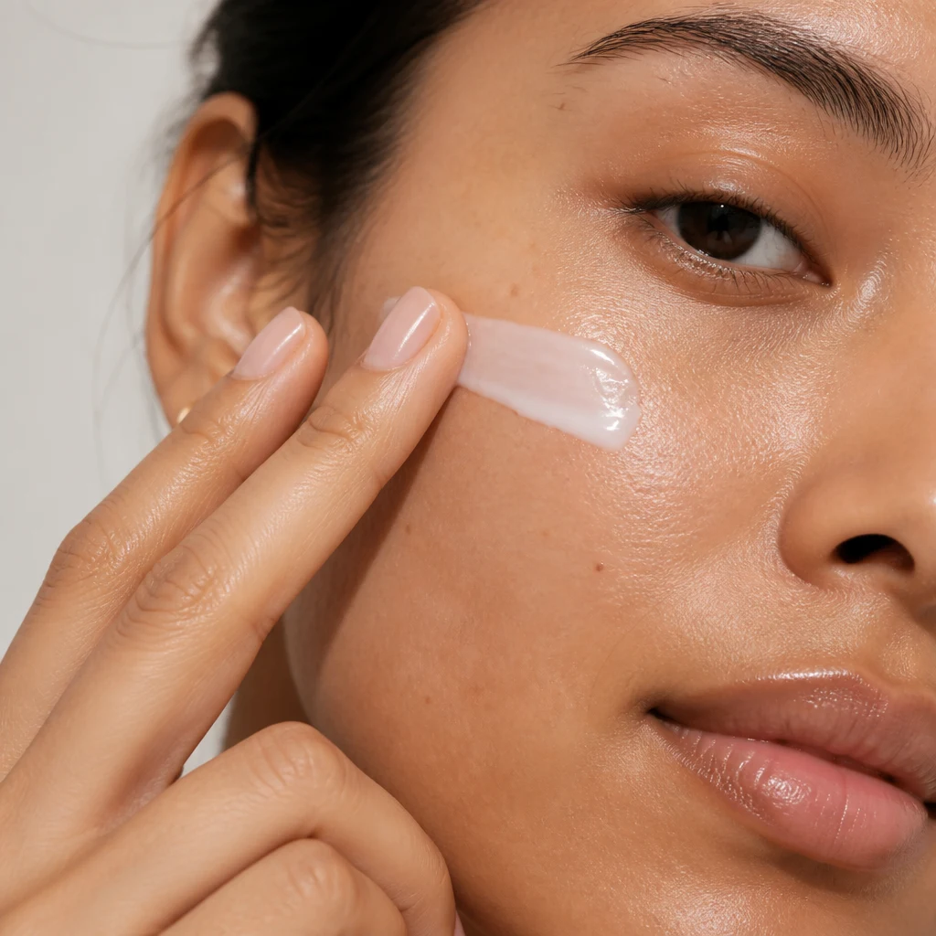 Fingertips patting a stripe of milky lotion into the cheek for a dewy finish