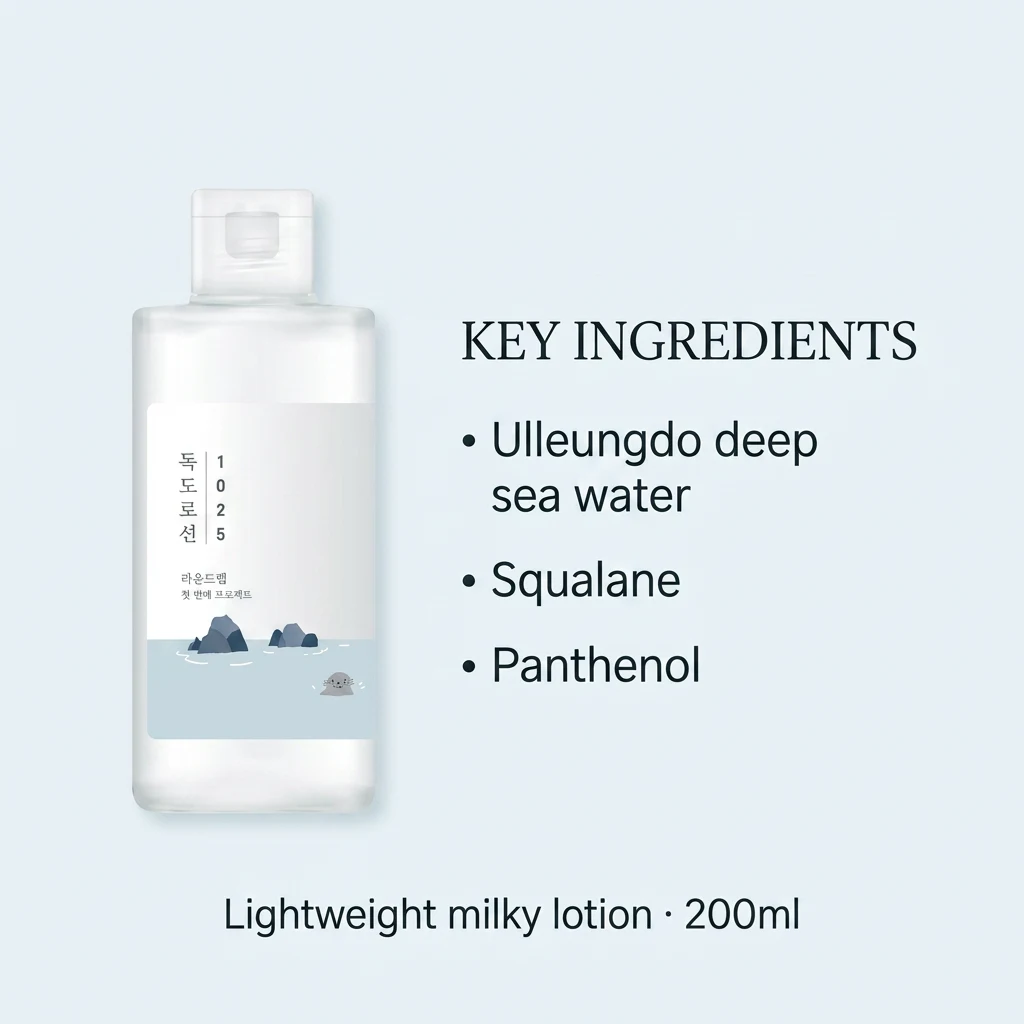 Key ingredients panel for ROUND LAB 1025 Dokdo Lotion: Ulleungdo deep sea water, squalane and panthenol in a lightweight milky texture