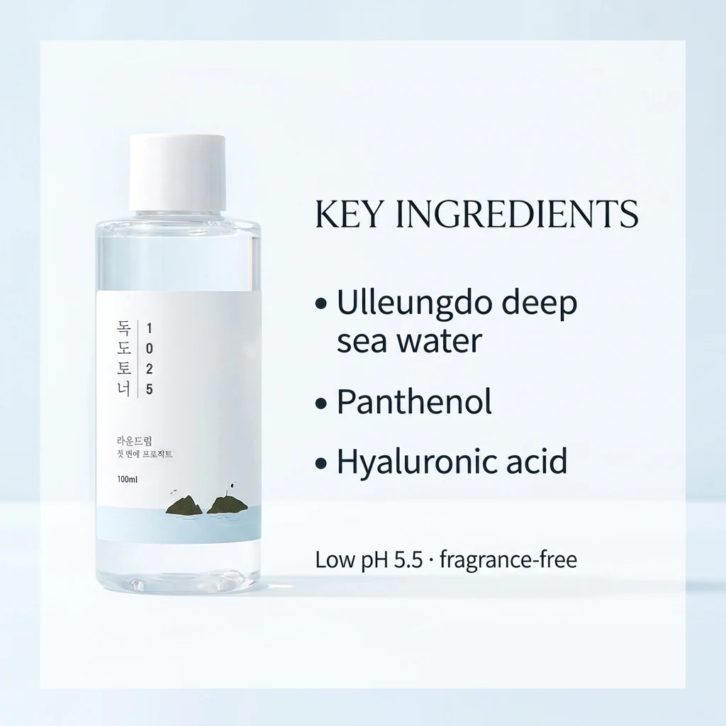 Key ingredients panel for ROUND LAB 1025 Dokdo Toner: Ulleungdo deep sea water, panthenol and hyaluronic acid in a low pH 5.5, fragrance-free formula