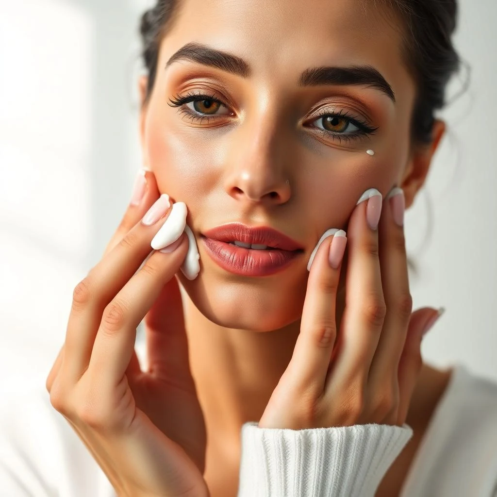 A woman pressing hydrating lotion into both cheeks with her palms
