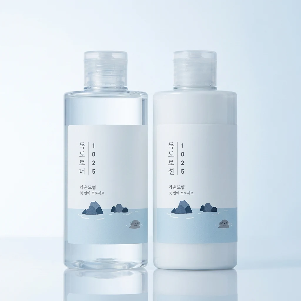 ROUND LAB 1025 Dokdo Toner and Lotion 200ml special set on a clean white studio backdrop