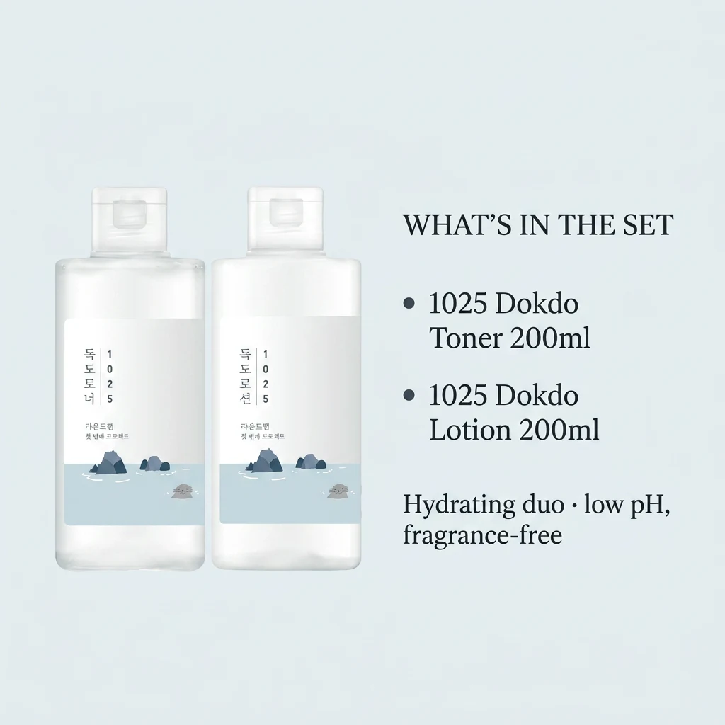 Panel explaining the ROUND LAB 1025 Dokdo hydrating duo: 200ml toner followed by 200ml lotion, both built on Ulleungdo deep sea water