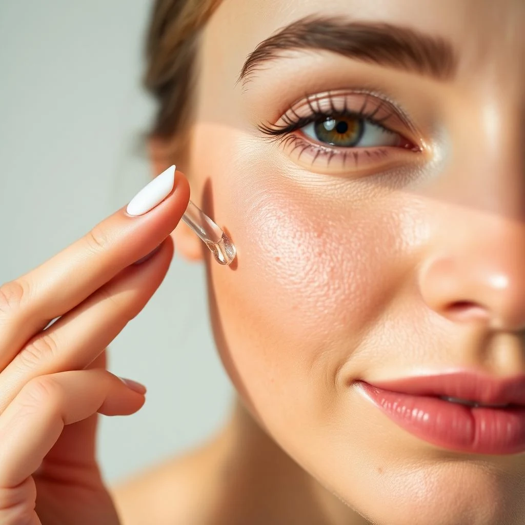 A woman pressing a drop of clear ampoule onto her cheekbone