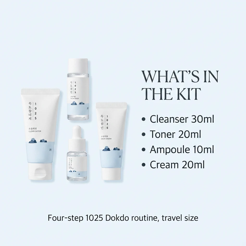 Panel showing the four-step ROUND LAB 1025 Dokdo trial routine: cleanser, toner, ampoule and cream in travel sizes