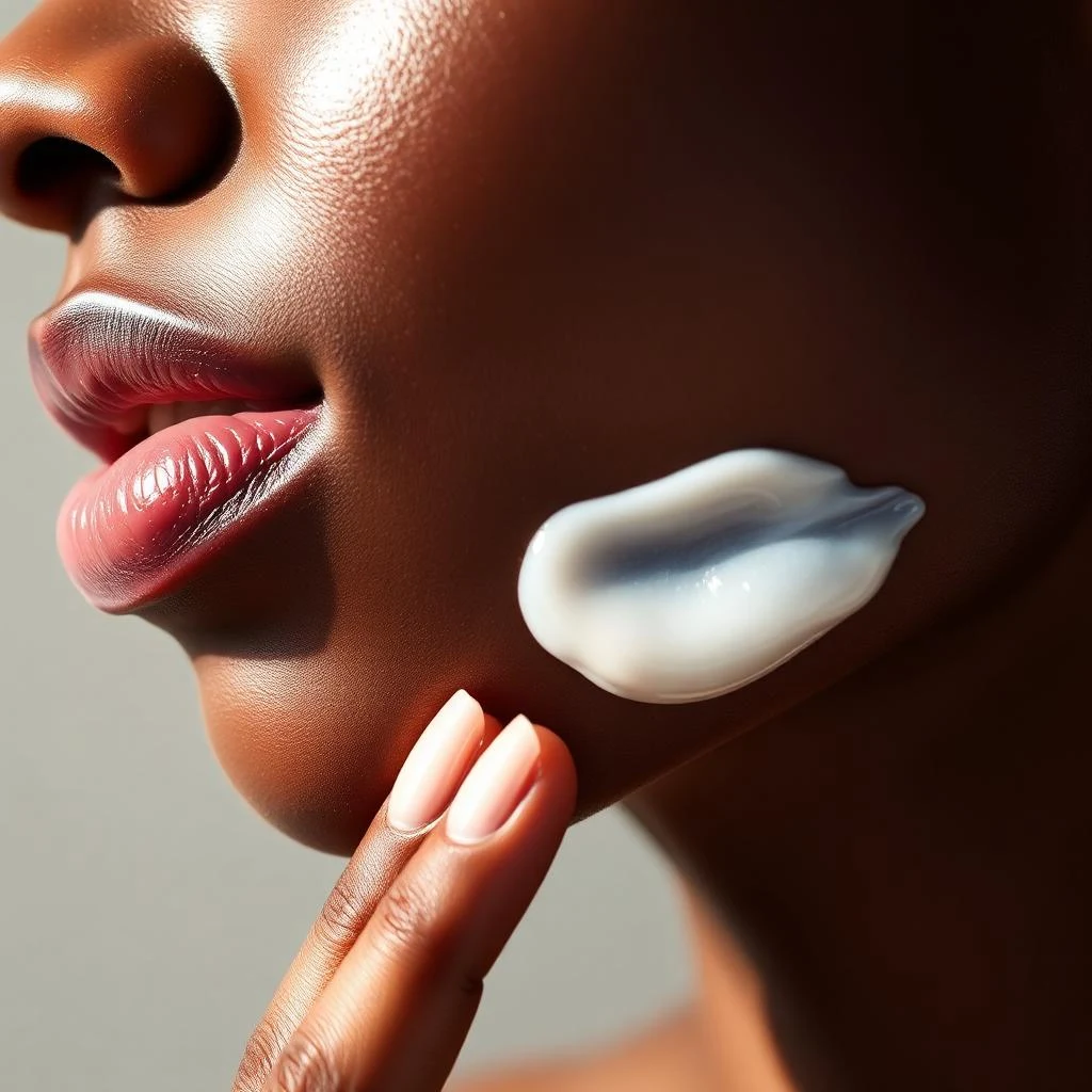 A woman smoothing a glossy gel-cream along her jawline for a hydrated glow